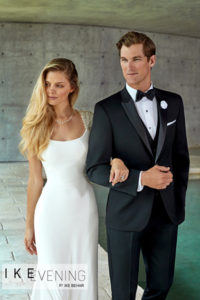 Elegant bride and groom in formal wear.