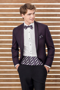 Man in purple tuxedo, bow tie, cummerbund.