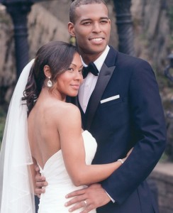 Happy bride and groom on their wedding day.