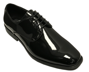 Black patent leather dress shoe.