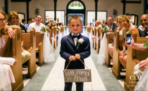 Ring bearer holding "Here comes the bride" sign.