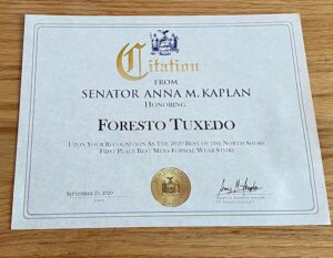 Foresto Tuxedo's 2020 award citation.