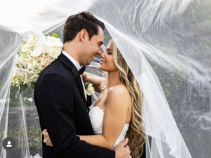 Bride and groom under wedding veil.